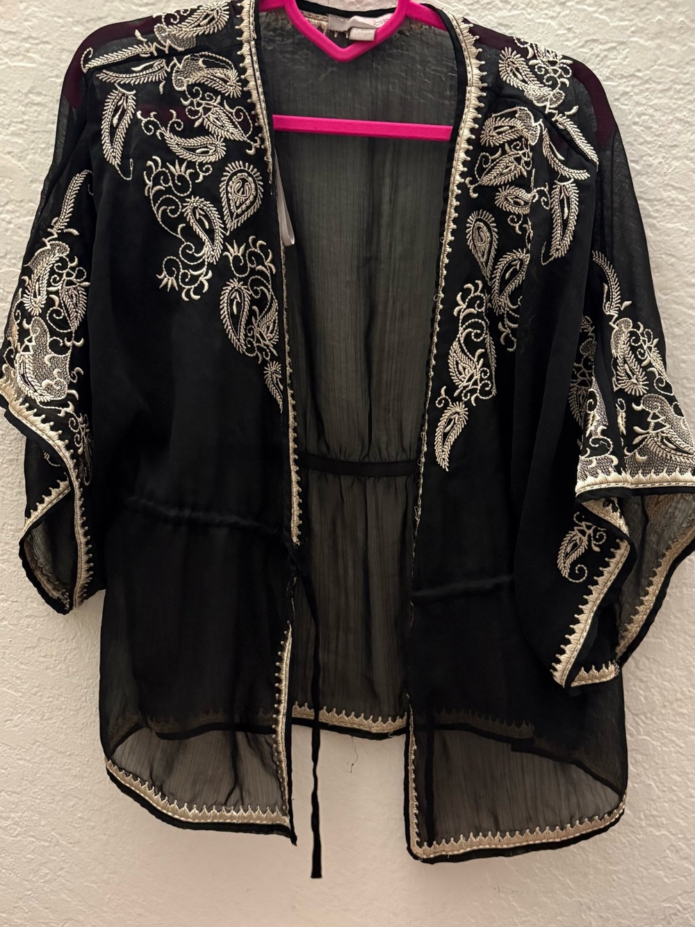 Forever 21 Black Sheer Embroidered Kimono Jacket with Ivory Detail